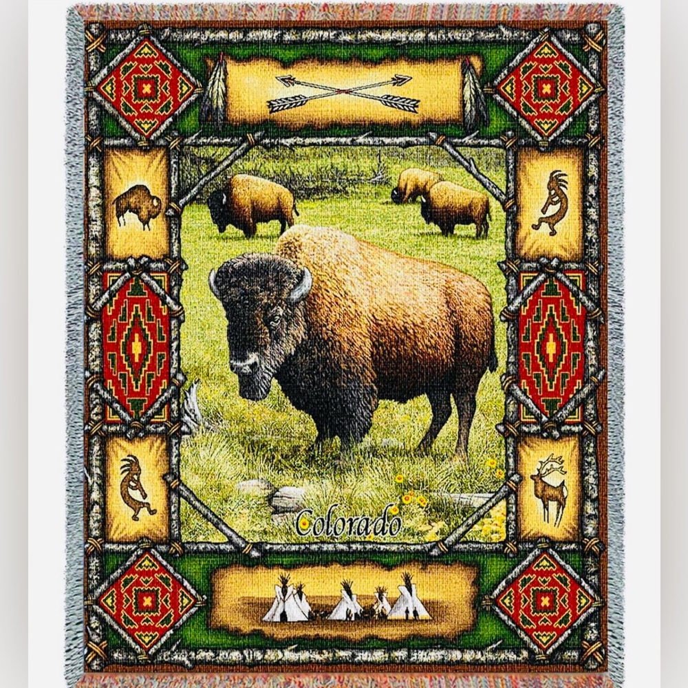 Buffalo Lodge and Native Pattern Tapestry Blanket